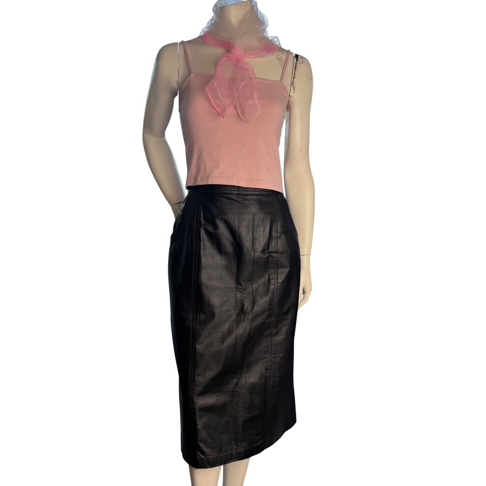 Vintage Echtes Leder Black Leather Midi‎ Skirt NeoMinimalism Quiet Luxury 6/8